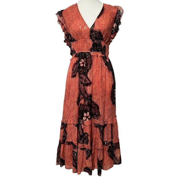 Ulla Johnson Akira Dress Size 4 Coral Floral Sleeveless Gold Metallic Midi